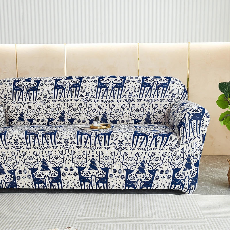 Sofa Cover Blue Christmas Reindeer Design Stretchable Non Slip Slipcover