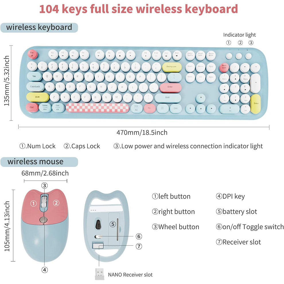Bluetooth Keyboard Mouse Combo Set Green Retro Design Wireless Soft Touch Keys