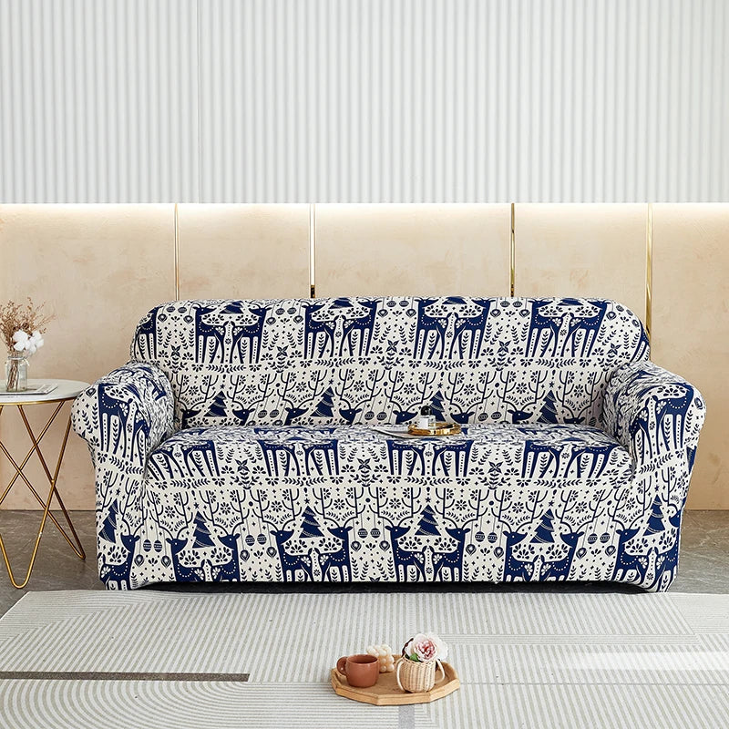 Sofa Cover Blue Christmas Reindeer Design Stretchable Non Slip Slipcover