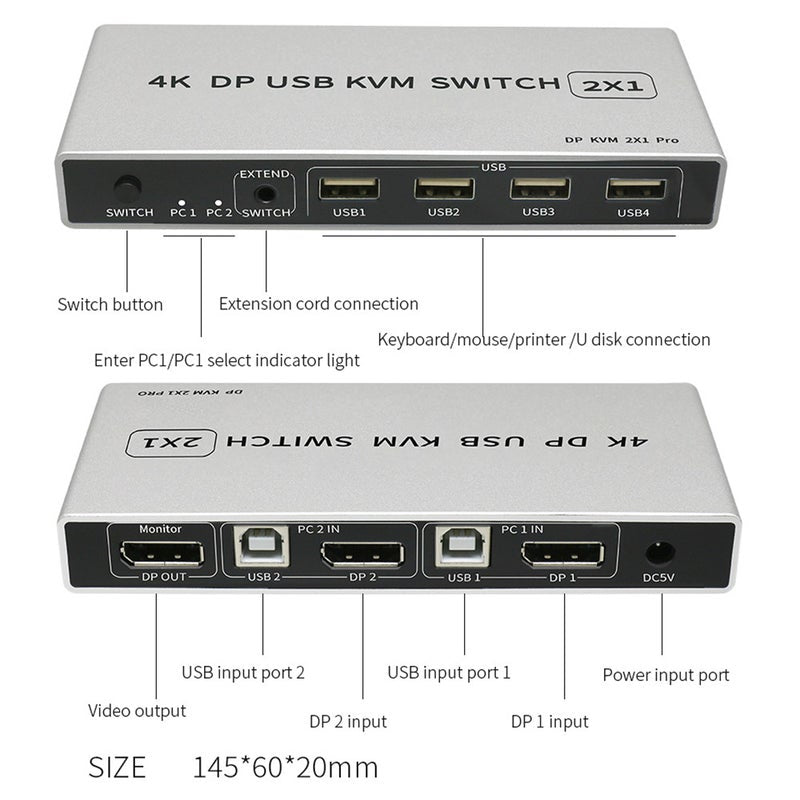 Dual Port 4K Or 8K Displayport Kvm Switch Usb 144Hz Dp Switcher 4Kx2k60hz 2K144hz In Out