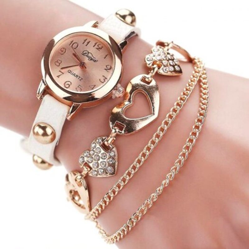 D020 Women Heart Analog Chain Quartz Wrist Watch White