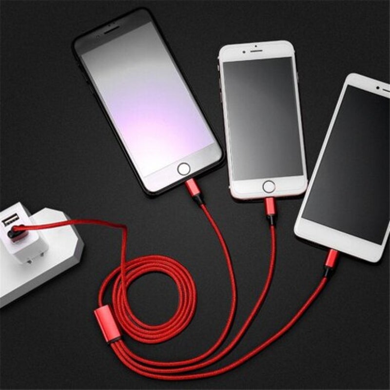 Durable Nice 1.2 M Multi Function 3 In Synchronous Fast Charging Data Cable Lava Red