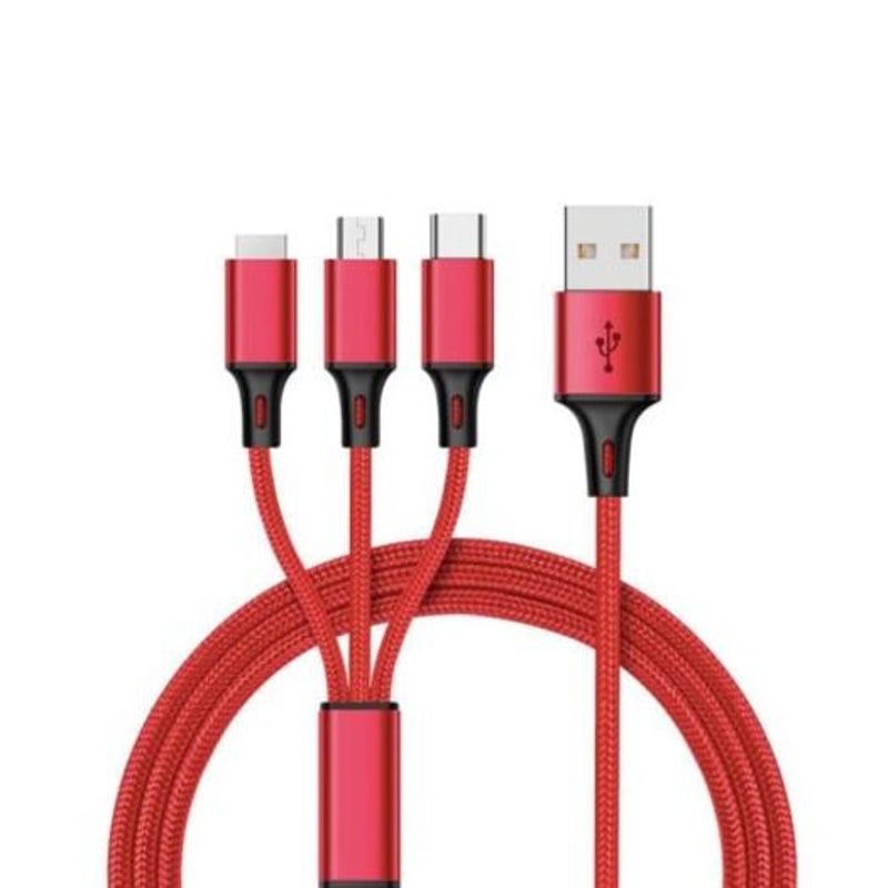 Durable Nice 1.2 M Multi Function 3 In Synchronous Fast Charging Data Cable Lava Red