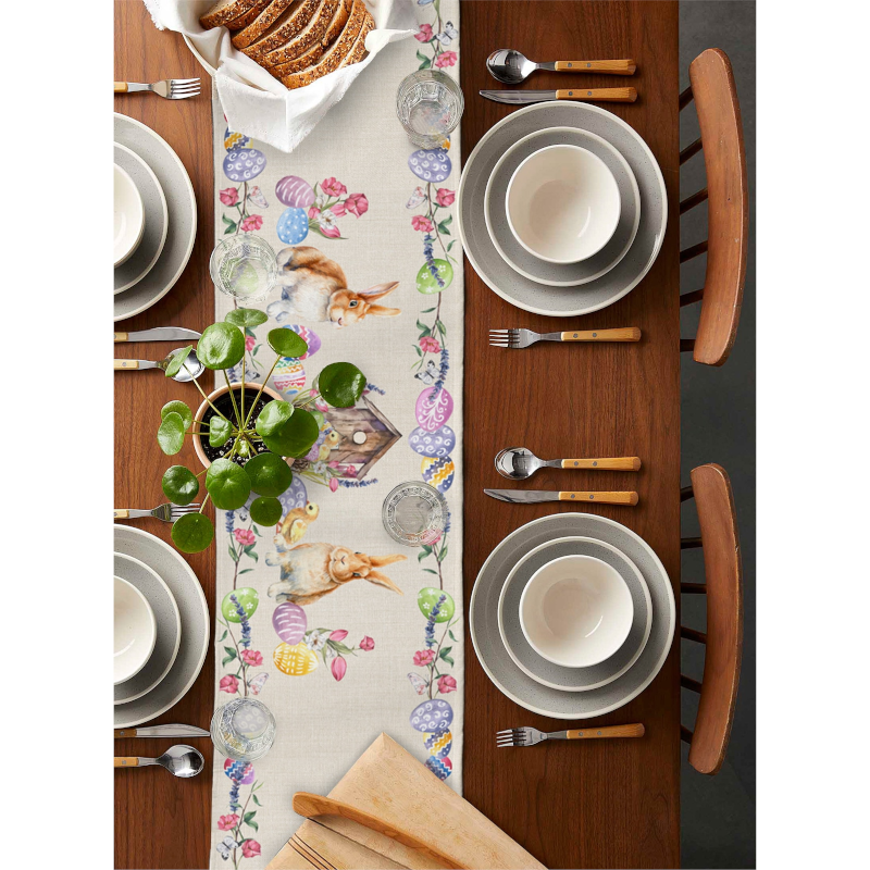 Easter Bunny Table Runner Dining Tablecloths Egg Duck Flower Party Decor Cover