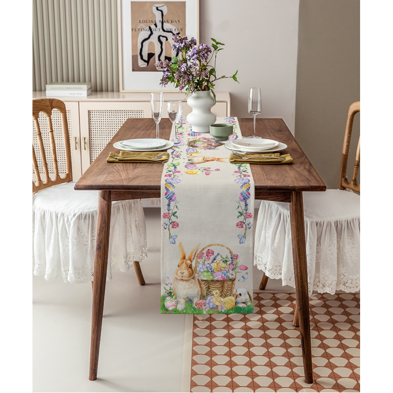 Easter Bunny Table Runner Dining Tablecloths Egg Duck Flower Party Decor Cover