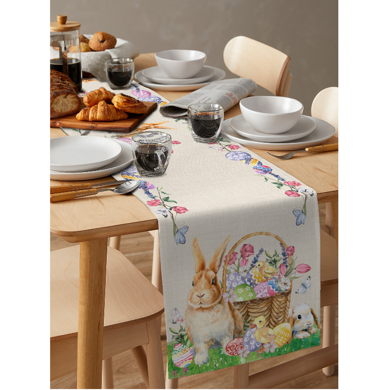 Easter Bunny Table Runner Dining Tablecloths Egg Duck Flower Party Decor Cover