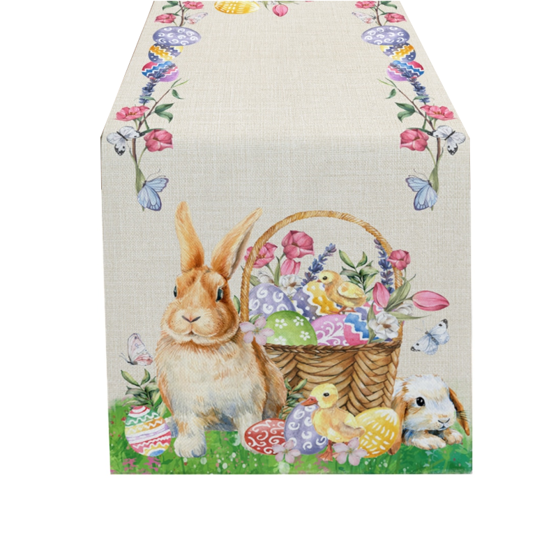 Easter Bunny Table Runner Dining Tablecloths Egg Duck Flower Party Decor Cover