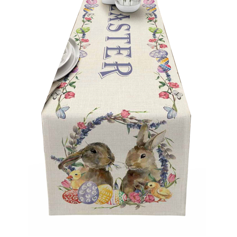 Easter Bunny Table Runner Dining Tablecloths Egg Duck Flower Party Decor Cover