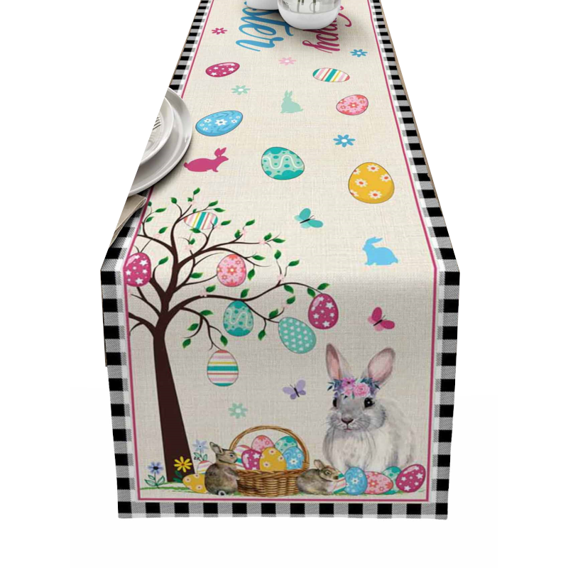 Easter Bunny Table Runner Dining Tablecloths Egg Duck Flower Party Decor Cover
