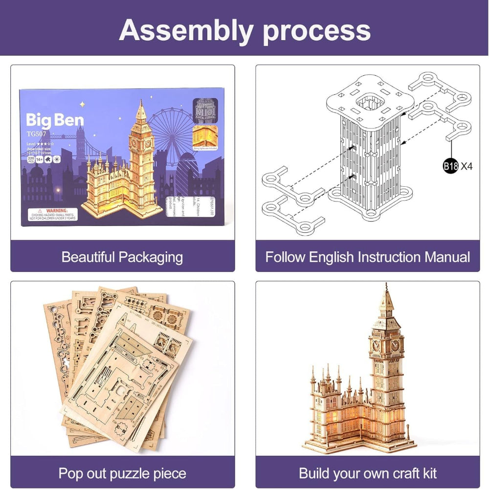 Robotime Rokr 3D Wooden Puzzle Diy Big Ben Toys With Led Light For Teens Xmas Gifts Tg507