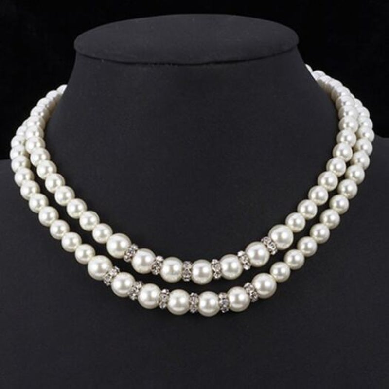 Veile Studios Elegant Rhinestone Two Layered Faux Pearl Necklace For Women White