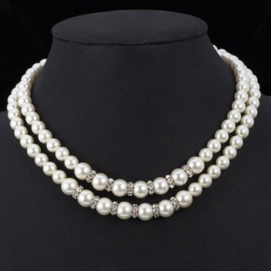 Veile Studios Elegant Rhinestone Two Layered Faux Pearl Necklace For Women White
