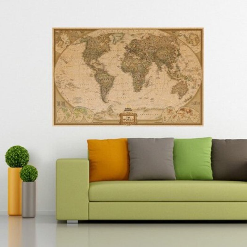 Eth0210 World Map Kraft Paper Poster Home Decorations Wall Sticker Multi A