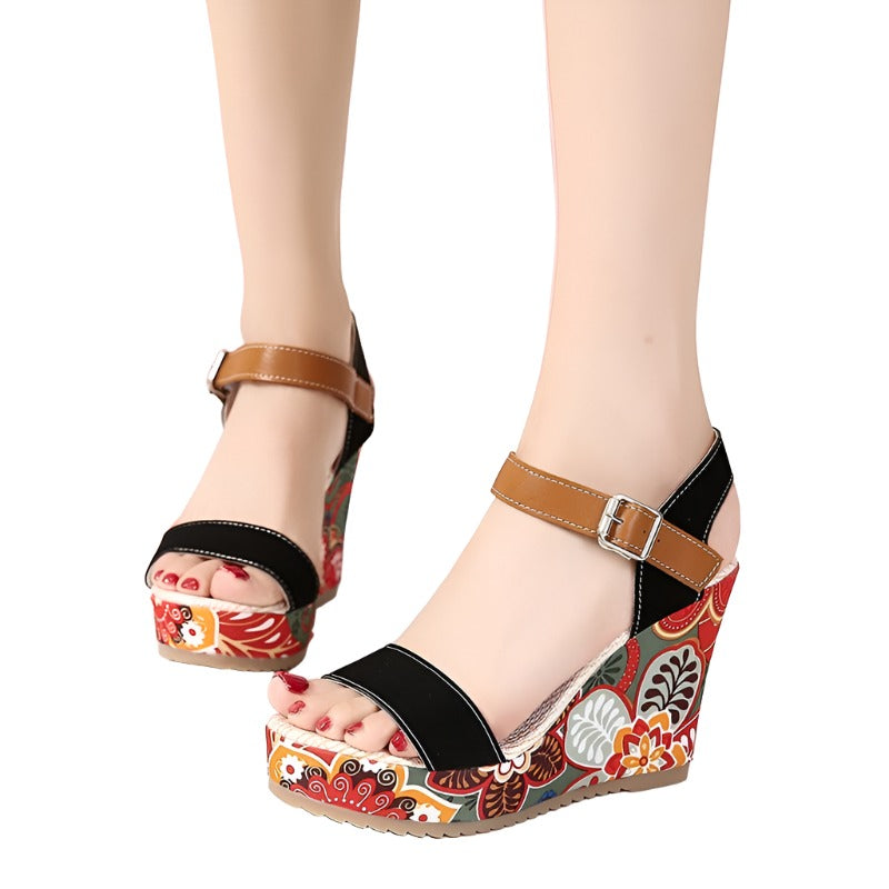Fashion Flowers Embroidered High Wedge Sandals For Women Summer Toe Platform Buckle Shoes