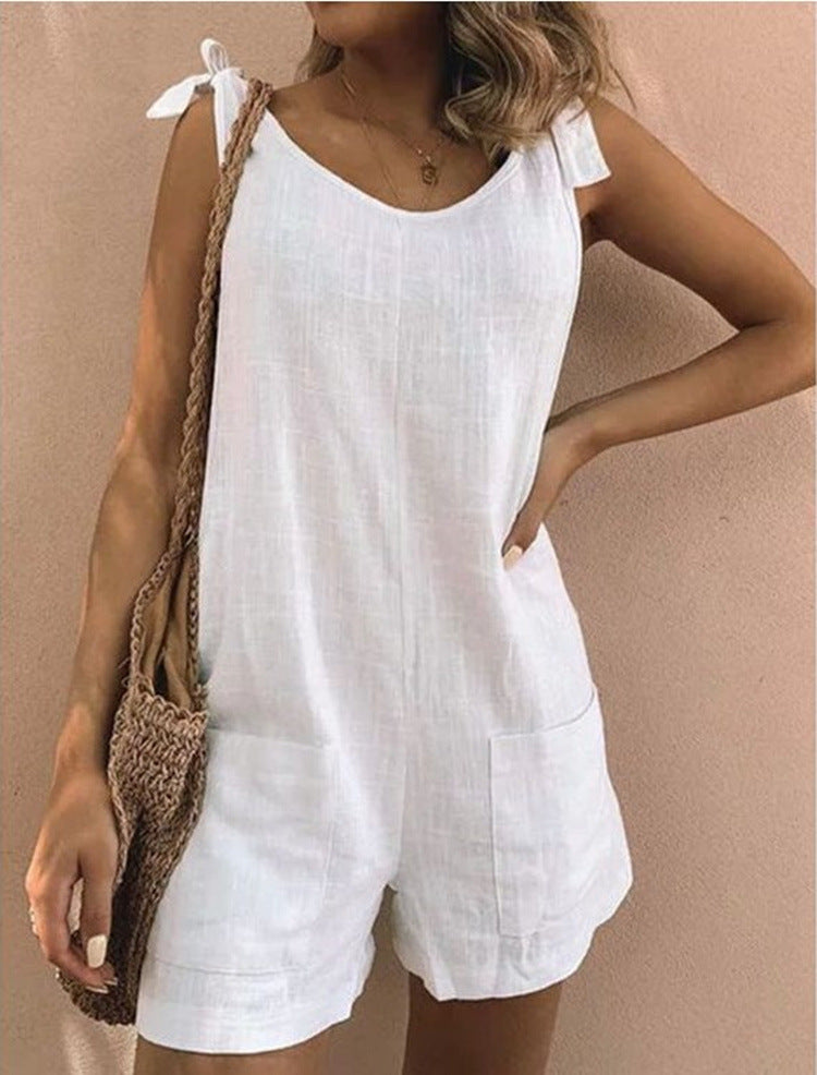 Women's Solid Color Cotton And Linen Patch Pocket Loose Jumpsuit