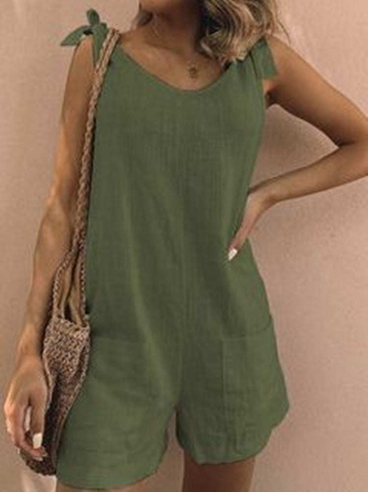 Women's Solid Color Cotton And Linen Patch Pocket Loose Jumpsuit