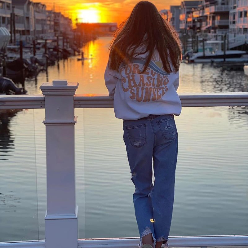 Women Fleece Lined Sunset Print Kangaroo Pocket Drawstring Hoodie