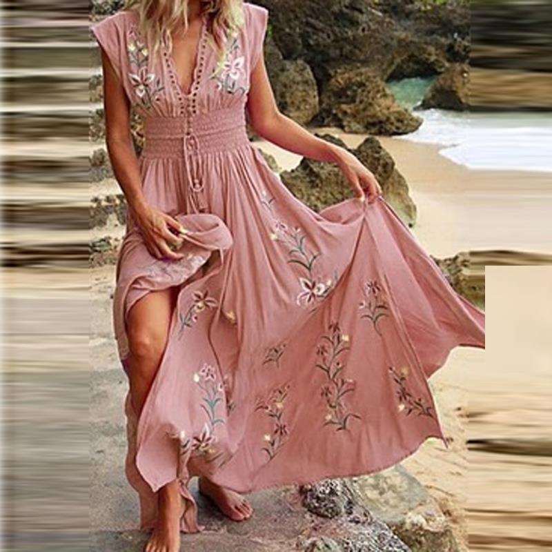 New V-Neck Fringed Bohemian Print Long Skirt Summer Sleeveless Loose Casual Beach Dress