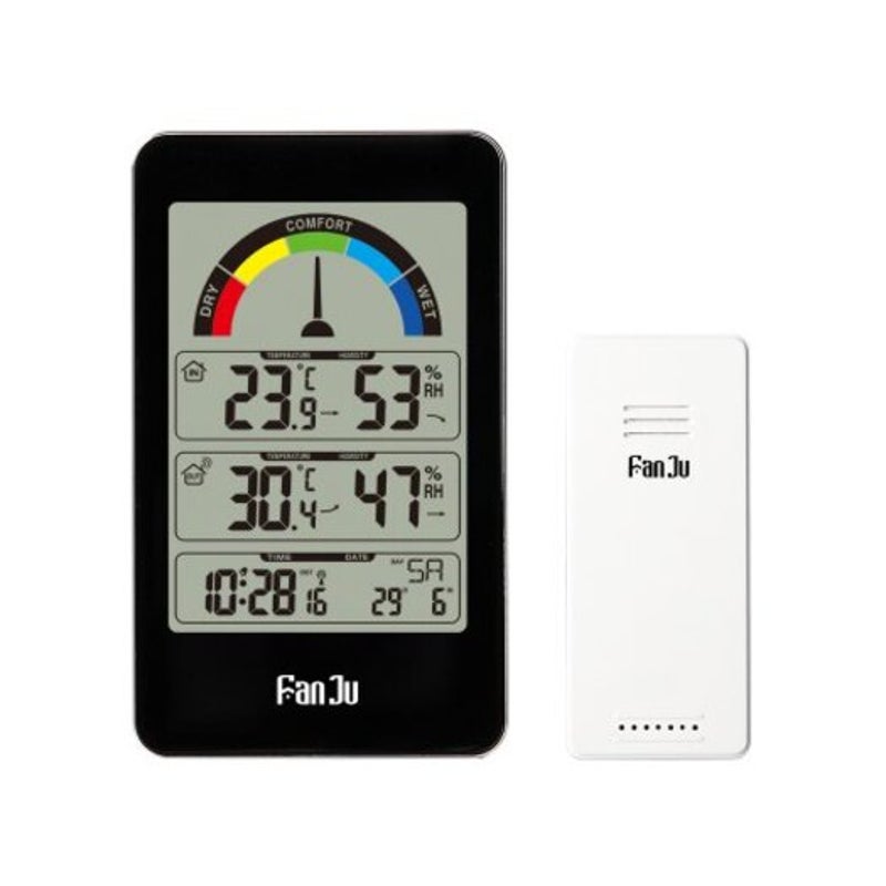 Fj3356 Weather Station Clock With Outdoor Sensor Temperature Humidity Meter Thermometer Black
