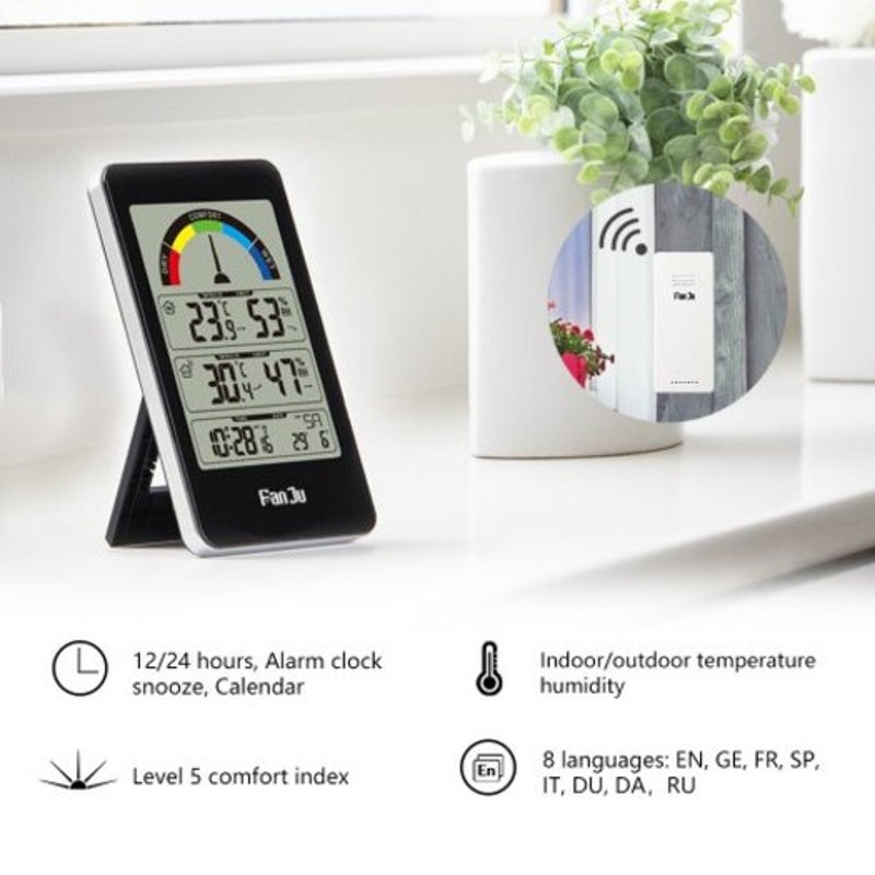 Fj3356 Weather Station Clock With Outdoor Sensor Temperature Humidity Meter Thermometer Black