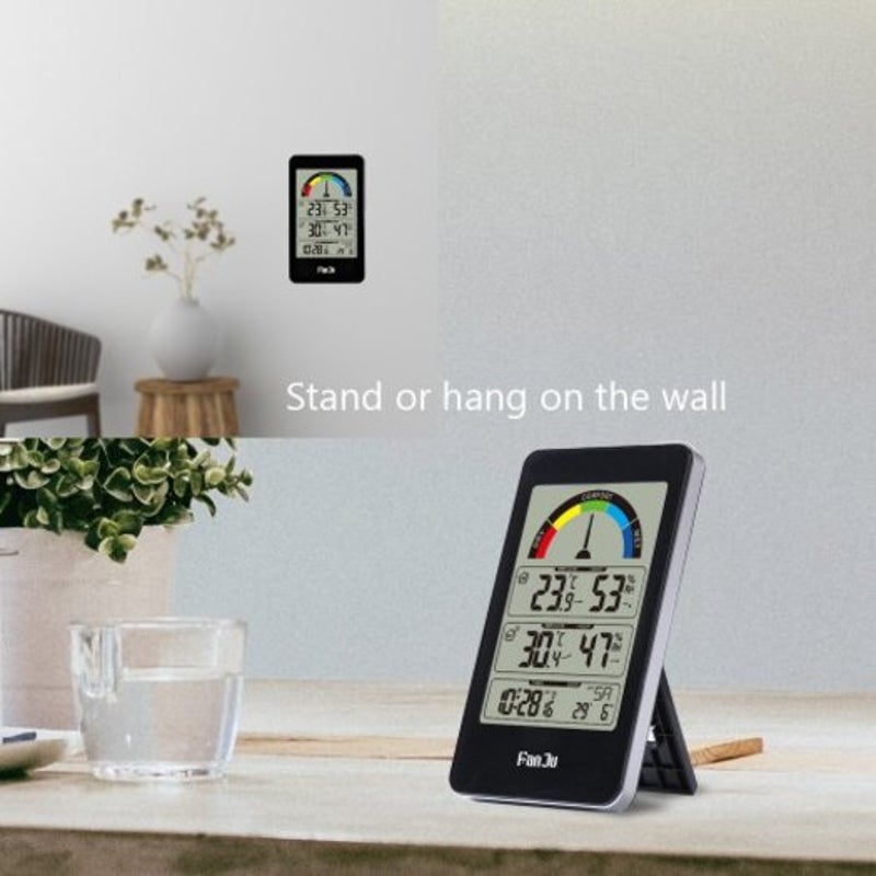 Fj3356 Weather Station Clock With Outdoor Sensor Temperature Humidity Meter Thermometer Black