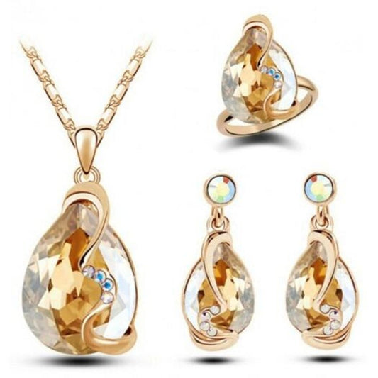 Fashion Party Accessories Earrings Pendant Necklace Ring Jewelry Set Champagne Gold