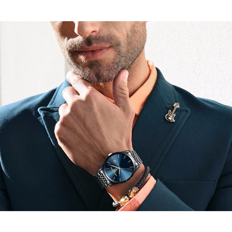 Ultra Thin Steel With Quartz Watch Calendar Waterproof Men's Black-Blue