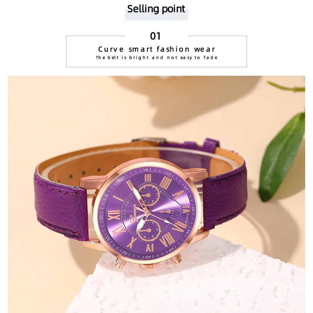 Veile Studios Fashion Women Watches Purple Leather Quartz Wristwatch Business Casual Ladies