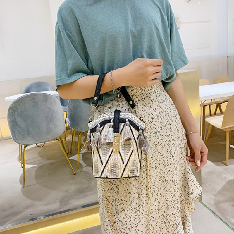 Fashion Shell Bucket Tassel Straw Beach Ladies Shoulder Messenger Bag Handbag