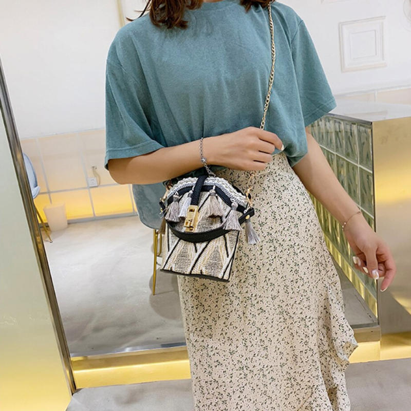 Fashion Shell Bucket Tassel Straw Beach Ladies Shoulder Messenger Bag Handbag