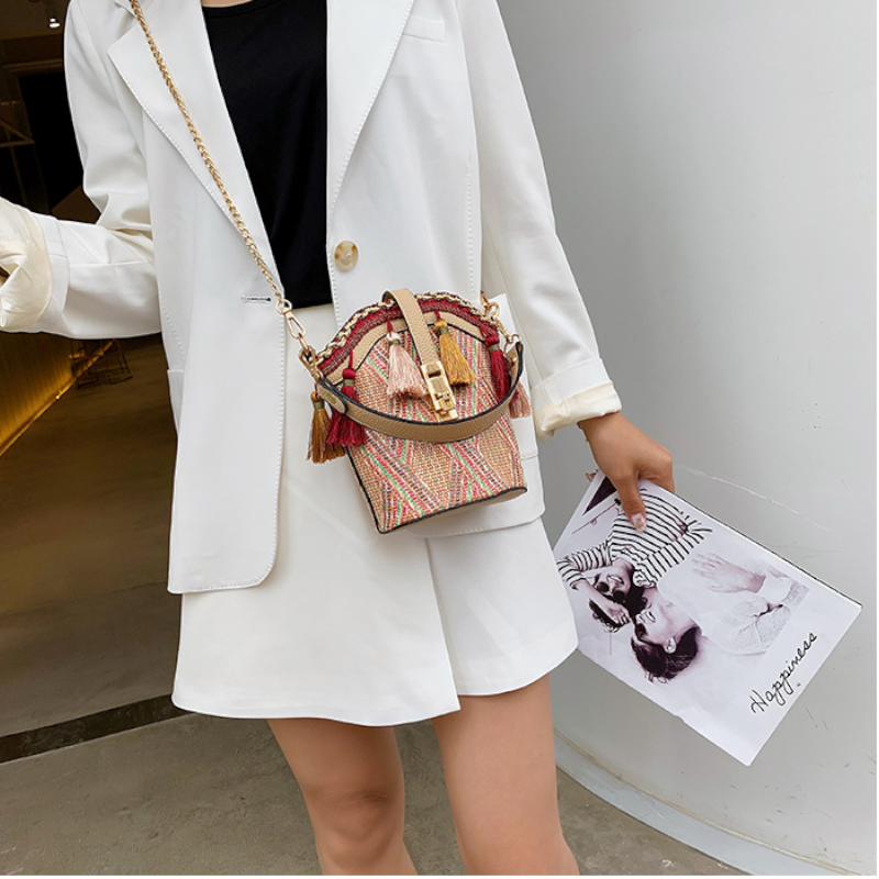 Fashion Shell Bucket Tassel Straw Beach Ladies Shoulder Messenger Bag Handbag
