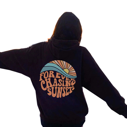 Women Fleece Lined Sunset Print Kangaroo Pocket Drawstring Hoodie
