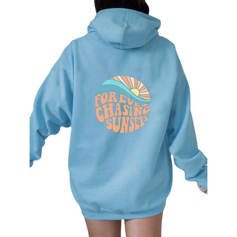 Women Fleece Lined Sunset Print Kangaroo Pocket Drawstring Hoodie