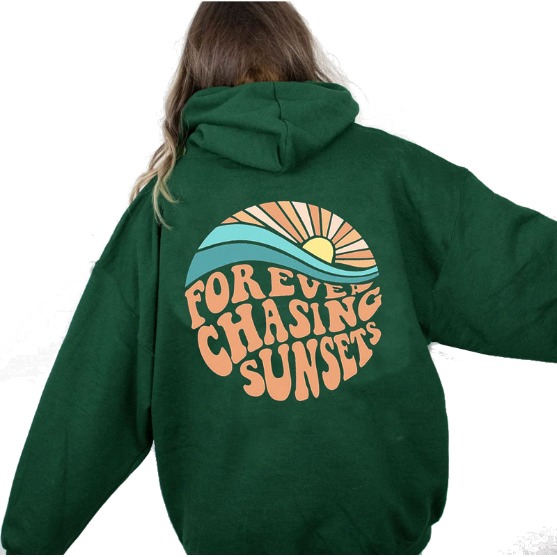 Women Fleece Lined Sunset Print Kangaroo Pocket Drawstring Hoodie