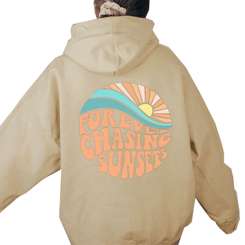 Women Fleece Lined Sunset Print Kangaroo Pocket Drawstring Hoodie