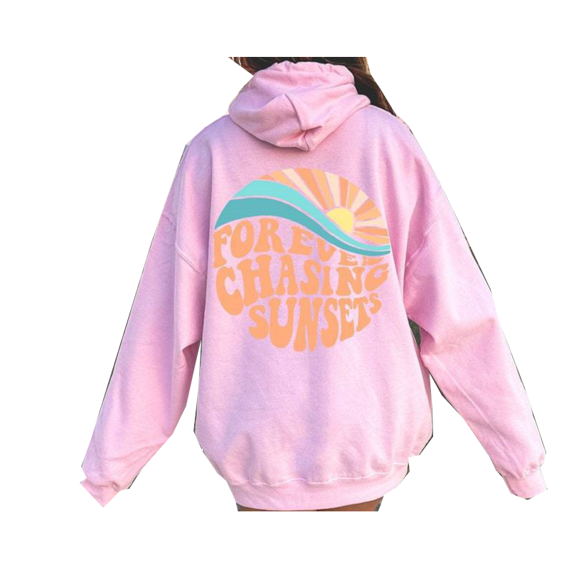 Women Fleece Lined Sunset Print Kangaroo Pocket Drawstring Hoodie