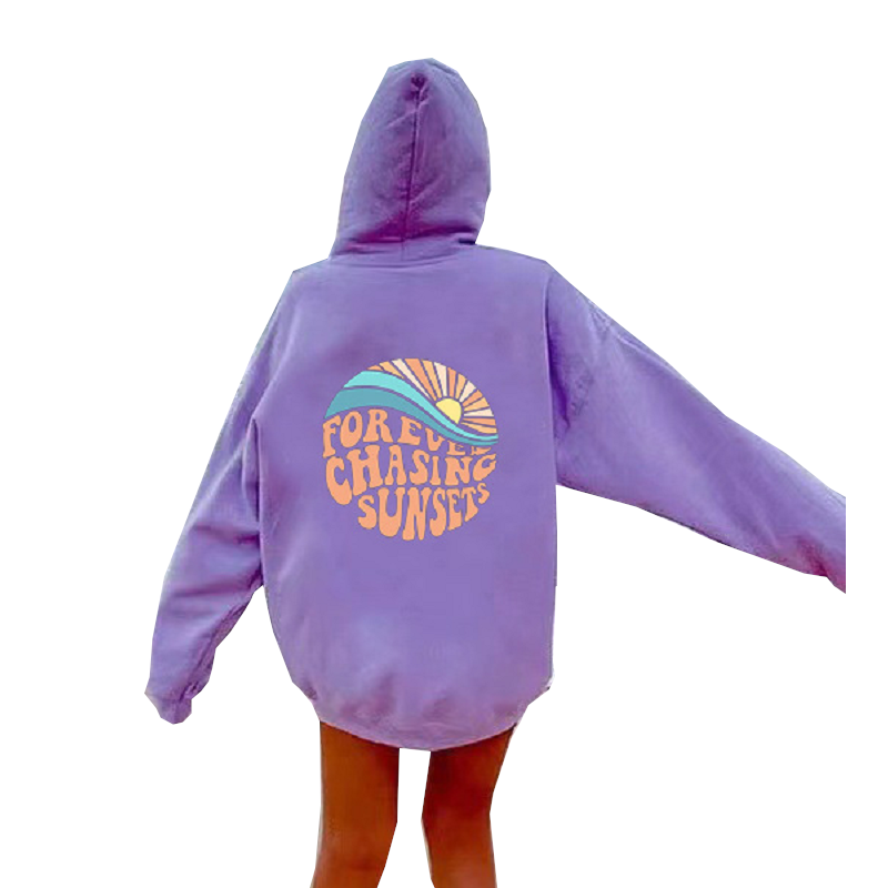 Women Fleece Lined Sunset Print Kangaroo Pocket Drawstring Hoodie