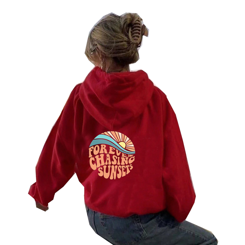Women Fleece Lined Sunset Print Kangaroo Pocket Drawstring Hoodie