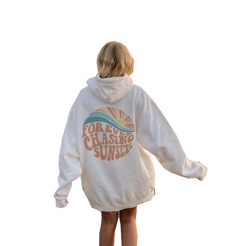 Women Fleece Lined Sunset Print Kangaroo Pocket Drawstring Hoodie