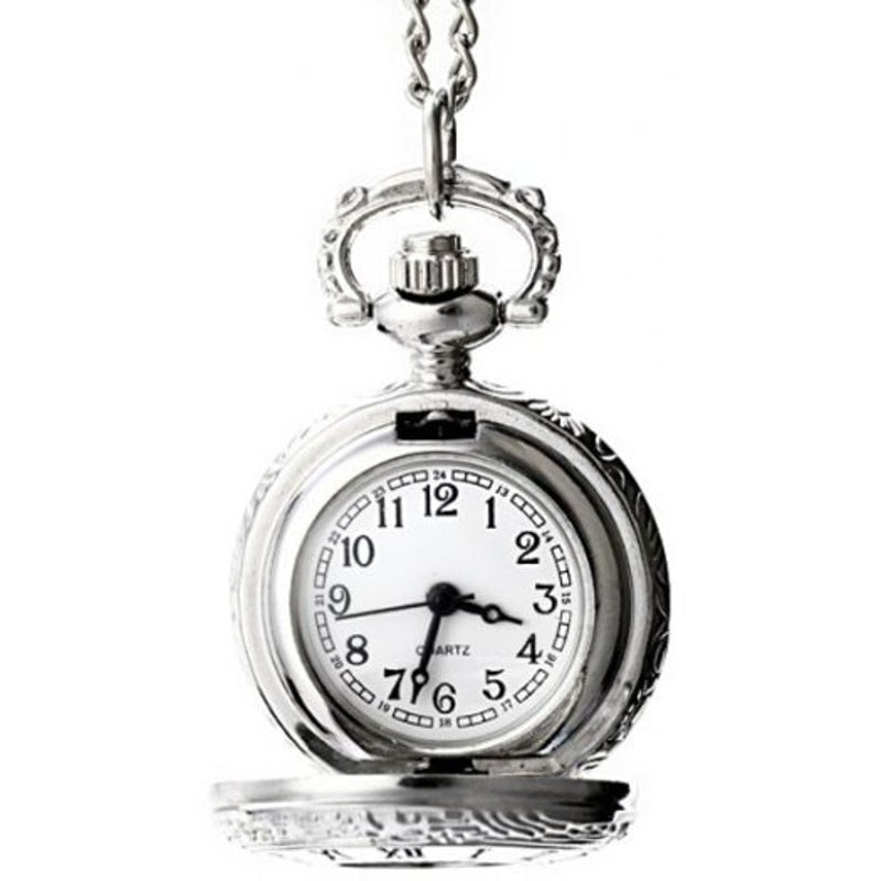 Veile Studios Flip Quartz Pocket Watch Steel Chain Necklace Silver