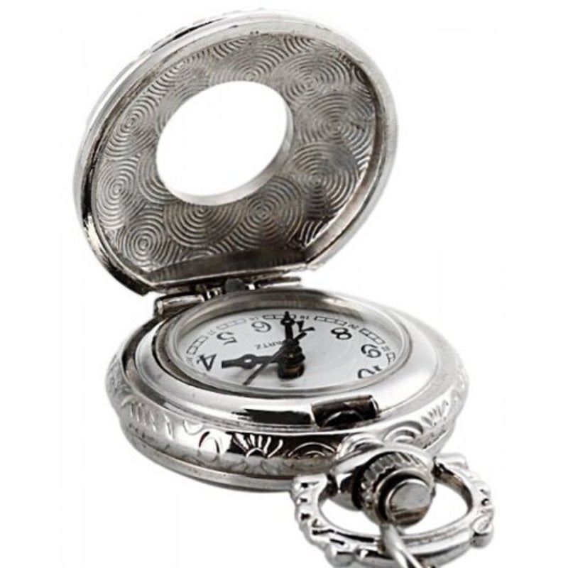 Veile Studios Flip Quartz Pocket Watch Steel Chain Necklace Silver