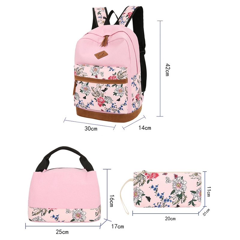 Floral Bags 3Pcs Schoolbag Backpack Lunch And Wallets