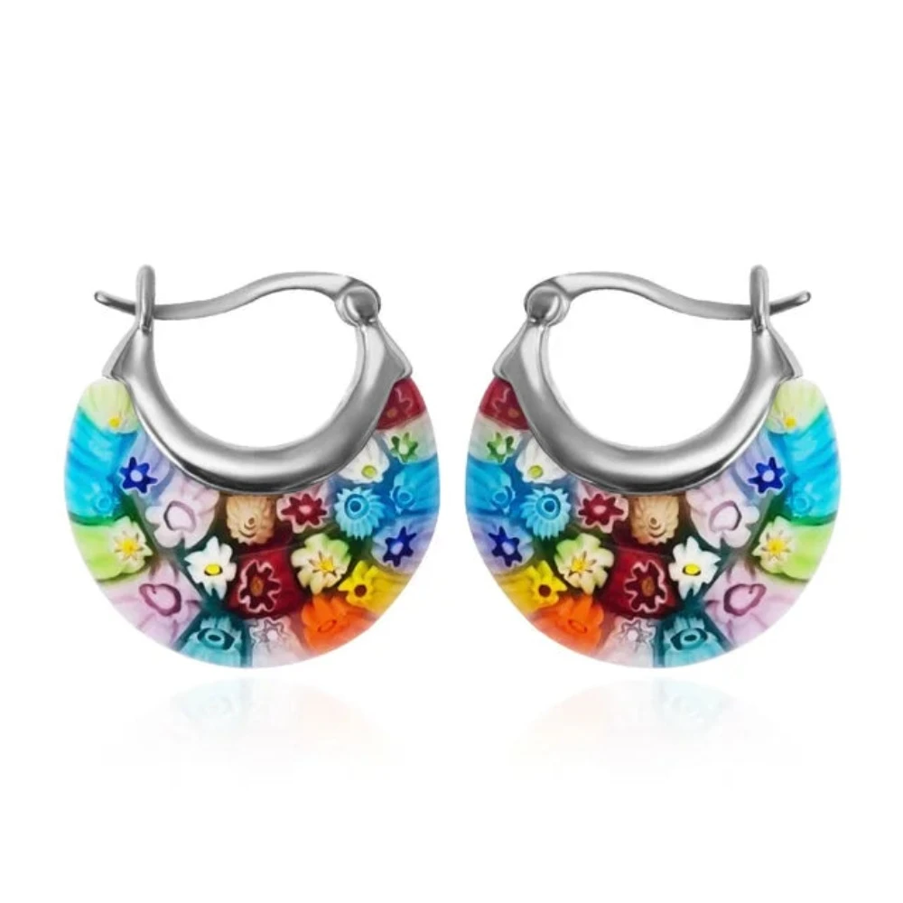 Veile Studios Flower Murano Style Millefiori Hoop Earrings Floral Dangle Jewellery For Women