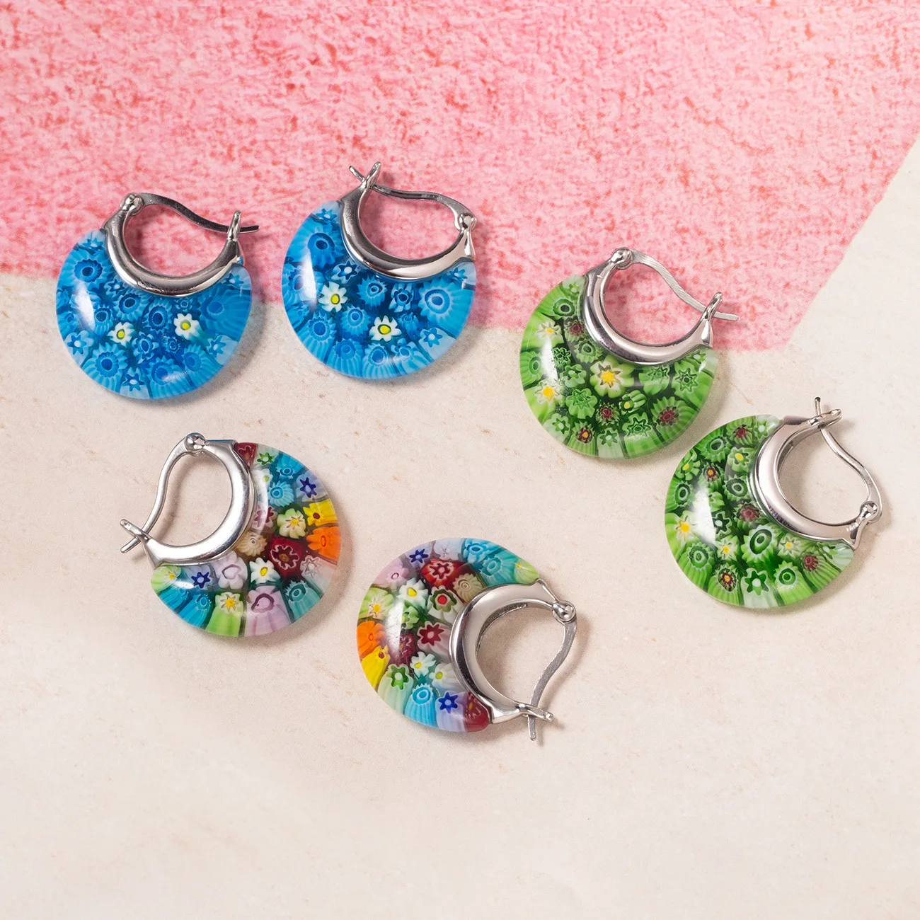 Veile Studios Flower Murano Style Millefiori Hoop Earrings Floral Dangle Jewellery For Women