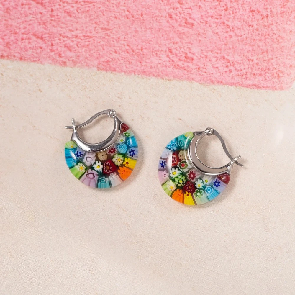 Veile Studios Flower Murano Style Millefiori Hoop Earrings Floral Dangle Jewellery For Women