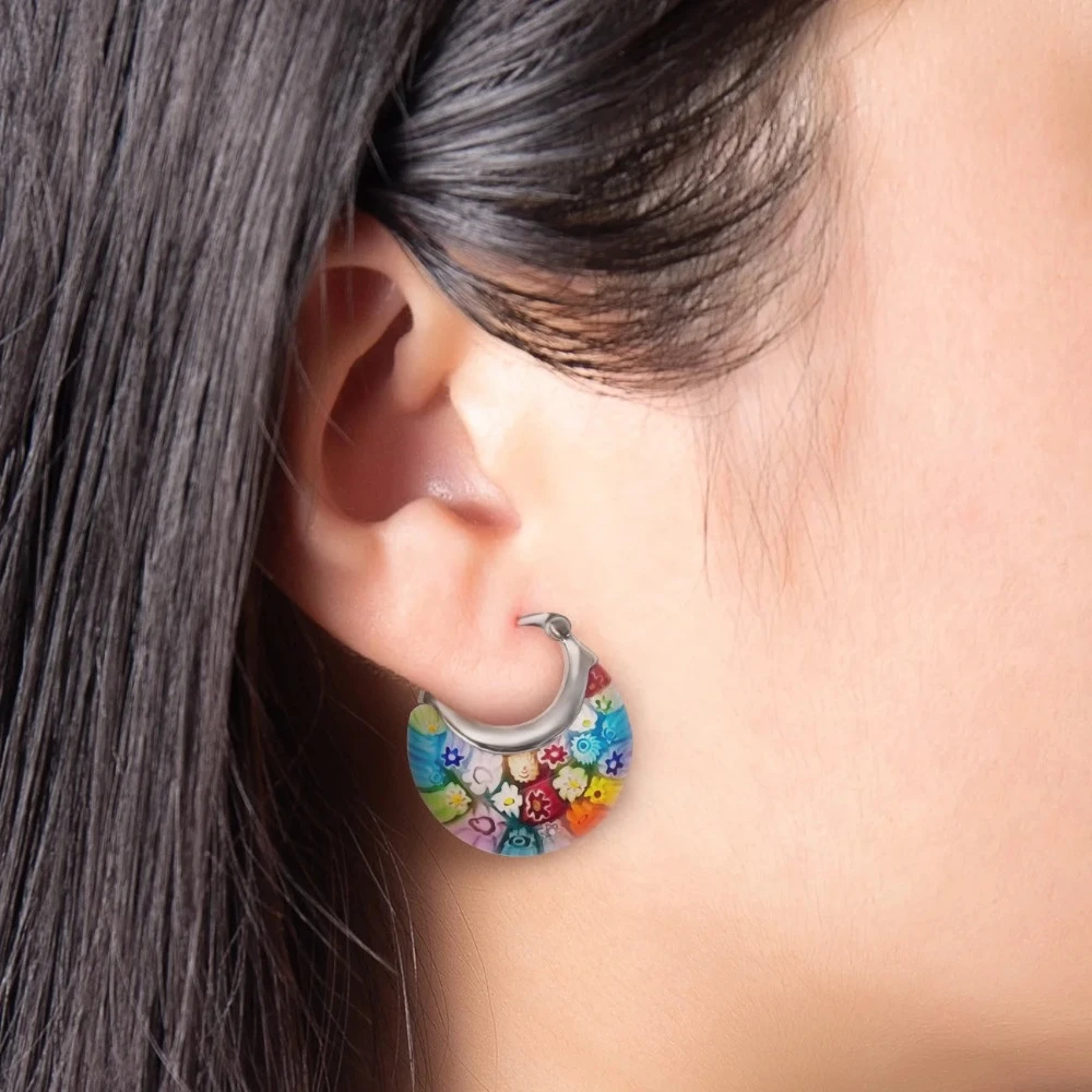 Veile Studios Flower Murano Style Millefiori Hoop Earrings Floral Dangle Jewellery For Women