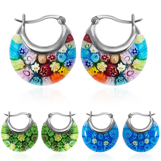 Veile Studios Flower Murano Style Millefiori Hoop Earrings Floral Dangle Jewellery For Women