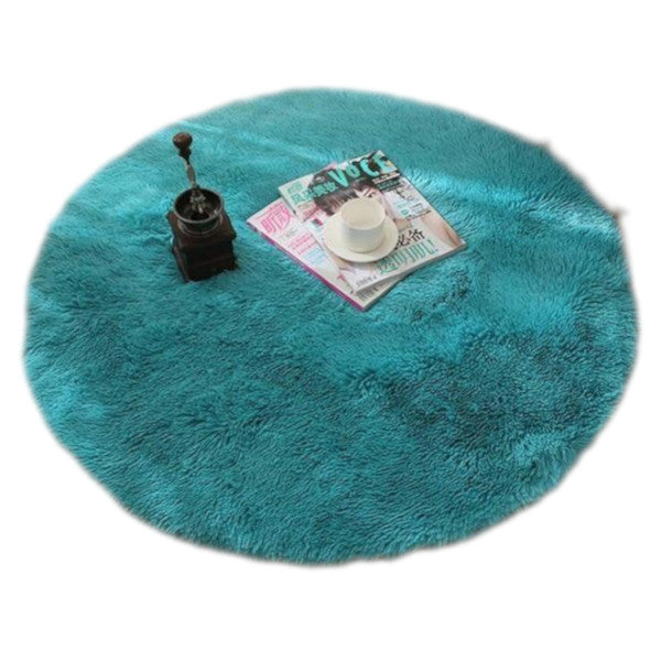 Blue Fluffy Faux Fur Round Rug Kids Room Plush Shaggy Rugs