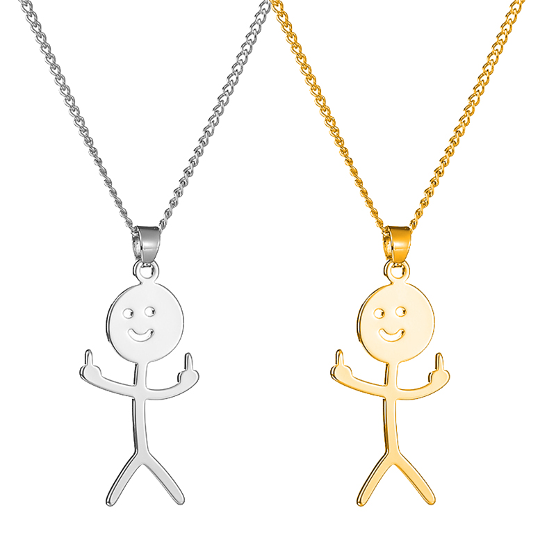 Veile Studios Funny Doodle Necklace Hip Hop Smiley Stick Figure Pendant Hand Gesture Middle Finger Necklaces