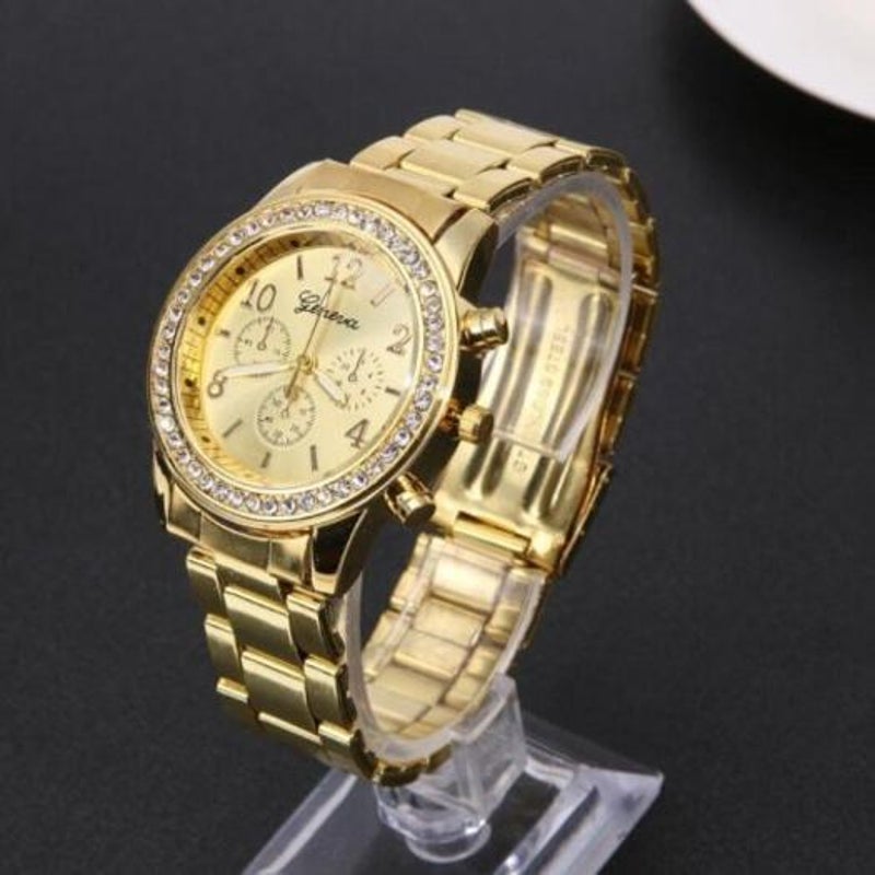 Veile Studios Fashion Ladies Diamond Steel Business Watch Golden
